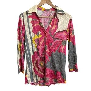 David Cline Crushed Popover Henley Top Shirt L/XL Floral Collar 3/4 Sleeve